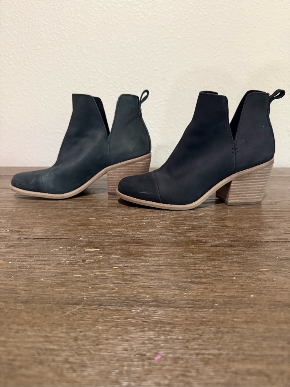 Toms Black Cutout Nubuck Ankle Booties with Stacked Heel